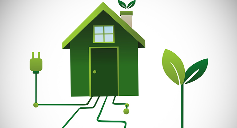 En illustration av ett miljövänligt grönt hus.