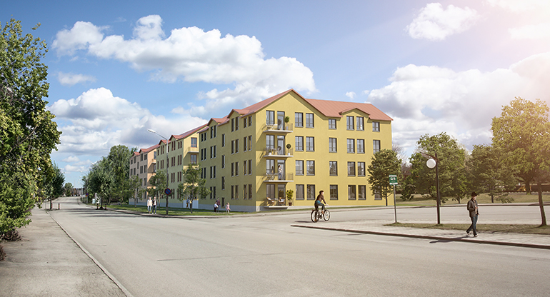 Skiss över Uppvidingehus bostäder på Järnvägsgatan i Åseda