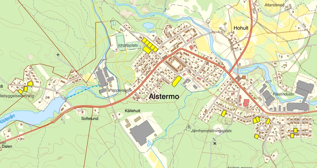 Lediga tomter för bostäder i Alstermo. Karta.