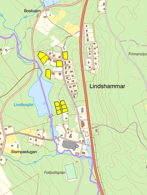 Lediga tomter för bostäder i Lindshammar. Karta.