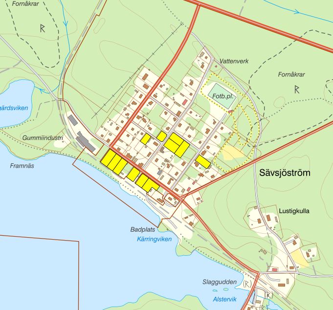 Lediga tomter för bostäder i Sävsjöström. Karta.